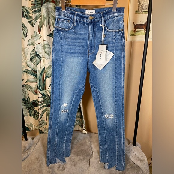 NWT Frame Denim Le Sylvie Jagged Edge Masonic LSYJEL14 Ultra High Rise Straight - Picture 4 of 15